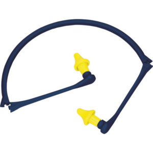 Blue and yellow ear plugs resting on a white surface.