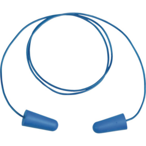 Blue ear plug with a cord.
