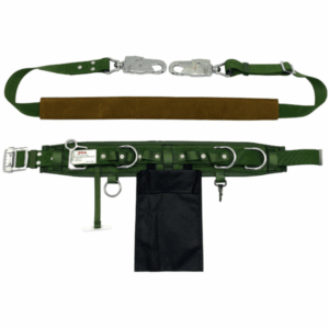 A green belt featuring two metal buckles and a central metal buckle for secure fastening.
