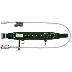 Green harness featuring a sturdy metal buckle for secure fastening.