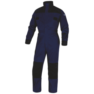 A blue coverall featuring black trim.