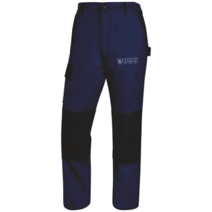 Navy blue work pants featuring black detailing.