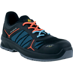 Black safety shoe featuring orange and blue detailin