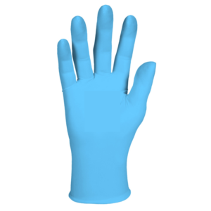 Blue disposable ANSELL KleenGuard G10 Flex Blue Nitrile Gloves worn on a hand with fingers spread open.
