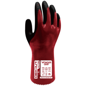 Red coated WONDER GRIP WG-728L DEXCUT® work glove with black fingertip tips and a white label featuring Wonder Grip branding on the cuff crown area.
