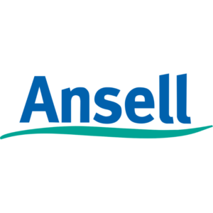 Ansell logo: bold blue wordmark with a teal curved swoosh beneath it.