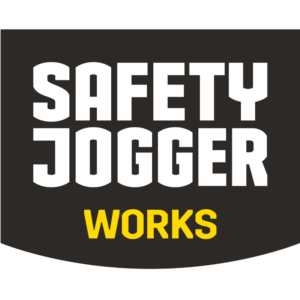 Logo on a black shield reading 'SAFETY JOGGER' in large white letters with 'WORKS' in yellow underneath.