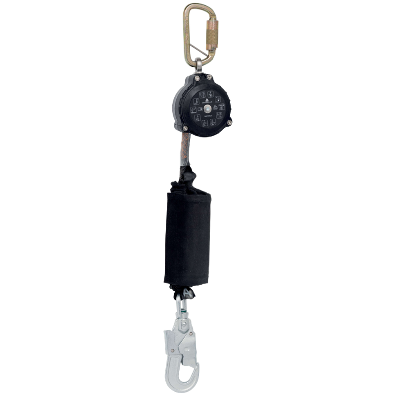 DELTA PLUS MICROBLOC AN106PF self-retracting lifeline with top locking carabiner and bottom locking hook, used for fall protection in work at height.