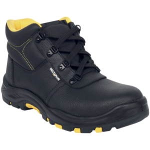 Black safety boot with yellow lining and rugged tread outsole