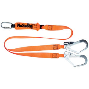 Orange safety lanyard with two metal carabiners and a small carabiner at the end, labeled NoShock (industrial fall protection gear)