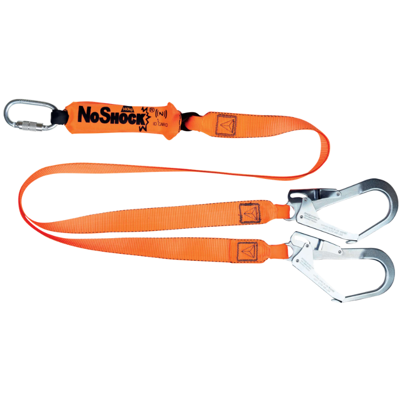 Orange safety lanyard with two metal carabiners and a small carabiner at the end, labeled NoShock (industrial fall protection gear)