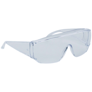 Clear safety goggles with wraparound lens and slim arms for eye protection in work or lab environments.