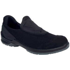 Black slip-on athletic DELTA PLUS PRESTO S1P SR shoe with a mesh upper and cushioned sole, shown from a side angle for walking or training use.