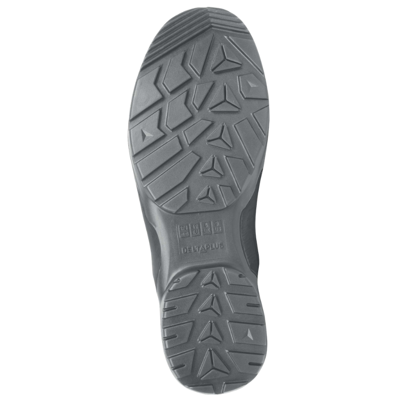 Bottom view of a gray DELTA PLUS PRESTO S1P SR rubber shoe sole with rugged tread and Delta Plus branding on the midfoot area.