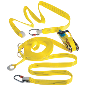Bright yellow DELTA PLUS SPEEDLINE LV201 ratchet strap with hooks and coiled webbing for securing cargo.