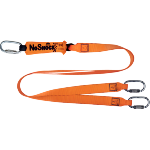 Orange DELTA PLUS AN213200ZZZ NoShock lanyard with metal carabiners on both ends, used to secure gear or a climber in safety setup