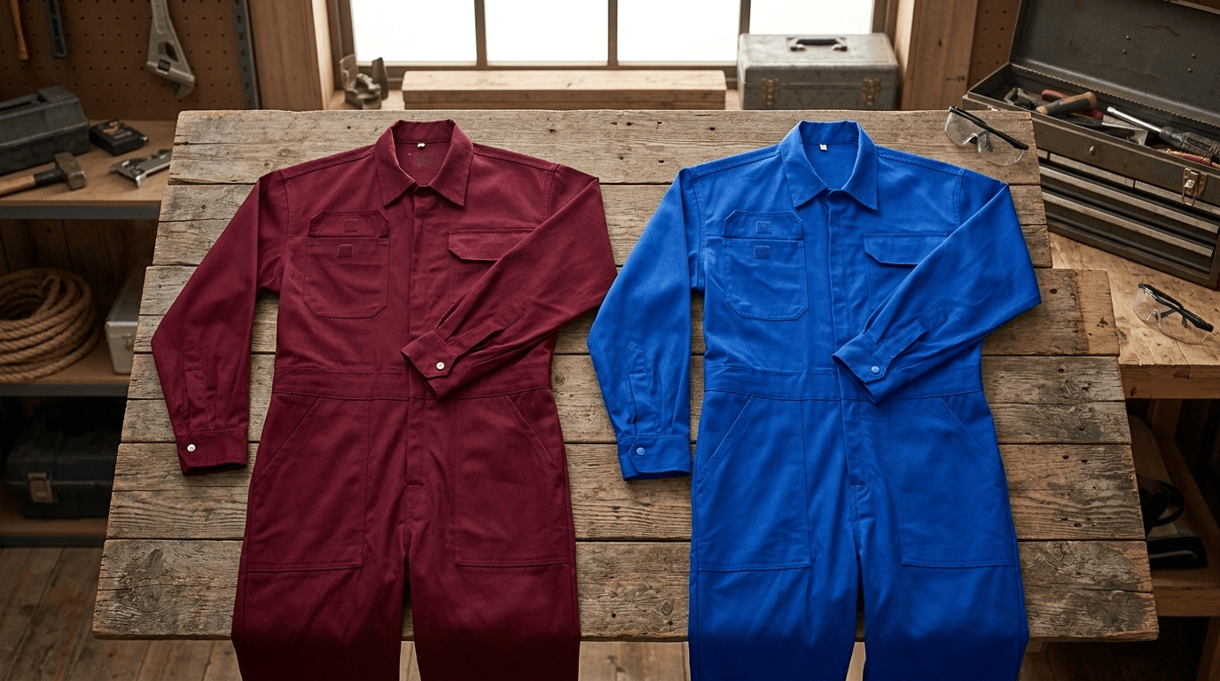 Two work coveralls, burgundy and blue, laid flat on a wooden workshop table with tools in the background.